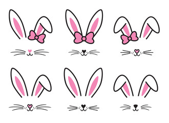 Cute Easter bunny faces and ears vector illustration set. Cute cartoon rabbit face drawing in minimal style.