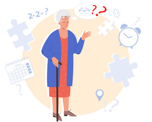 An elderly woman with a stick. The old lady thoughts get confused in head. Senile dementia, problems with brain and memory. Flat vector illustration