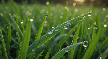 Naklejka premium Morning Dew on Blades of Grass Nature's Sparkling Jewels