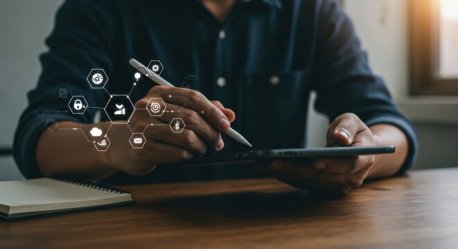 Digital Connectivity: Man Using Tablet with Emerging Tech Icons