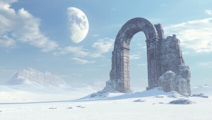 Ancient archway in snowy, icy landscape, pale moon