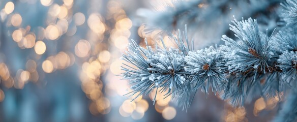 The Frosted Pine Branch with Beautiful Bokeh Background in Winter Wonderland