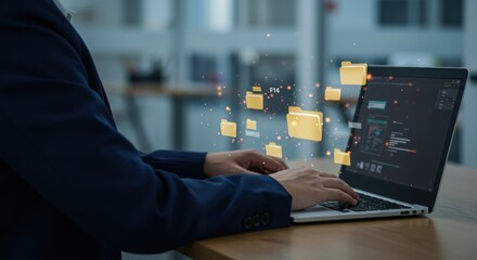 Data Flow: Laptop user with digital folders, modern office.