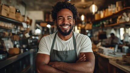 A cheerful barista stands in a cozy café, arms crossed and smiling, embodying warmth and friendliness, inviting customers to enjoy a delightful experience over a cup of coffee.