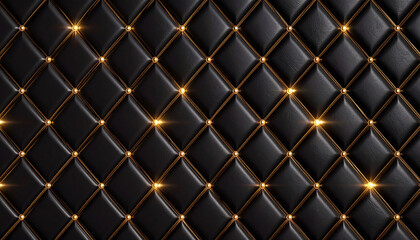 Fototapeta premium A repeating pattern of black diamond-shaped tufting accented with thin gold lines and warm golden highlights