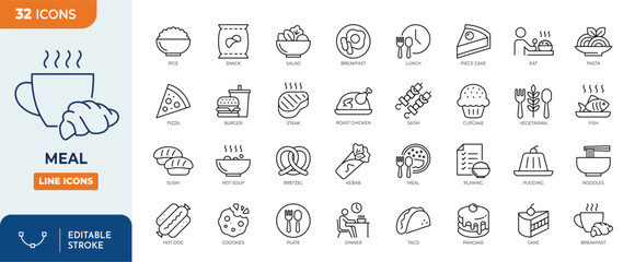 Meal line editanle icon set. Containing food, lunch, eat, dinner, pasta, rice, breakfast, pizza, salad, soup, and more. Editable stroke. Vector illustration