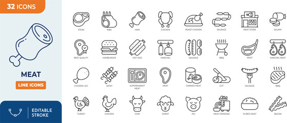Meat line editable icon set. Containing steak, beef, ham, chicken, cow, ribs, sausage, BBQ, and more. Editable stroke. Vector illustration