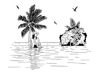 seascape with girl in hat vector sketch. tropical landscape vector hand drawing