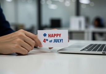 Happy 4th of July Card on an Office Desk a US Independence Day Business Greeting with Copy Space
