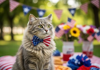 US Independence Day Cat with a Patriotic Bow Tie a 4th of July Celebration with a Pet and Copy Space