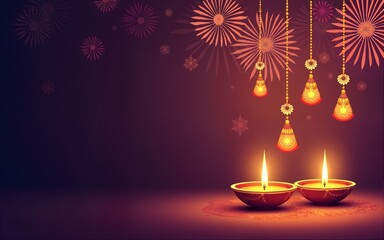 banner of diwali festival holiday with candles hanging decoration and fireworks vector illustration design. High quality
