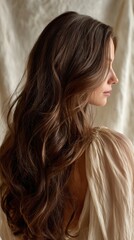 Naklejka premium Beautiful model girl with Brown hair strand,silky healthy chestnut wavy hair strand,hair wavy ribbon, with smooth,Keratin straightening,Treatment,straight long hair,procedures,Smooth hairstyle.