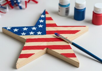 Fototapeta premium Painting a Wooden Star for a 4th of July DIY Decoration a US Independence Day Craft with Copy Space