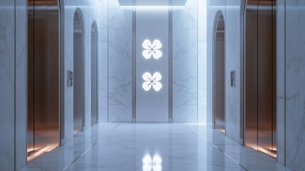 Fototapeta premium Modern Elevator doors of office or hotel hallway, Lobby interior, corridor in house with lift,four clover pattern,Black elegant lift for passenger or cargo elevators,st patrick 's day,copy space.