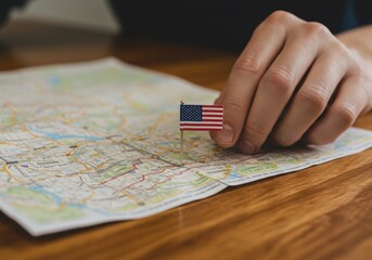 Planning a USA Road Trip with a Flag Pin on a Map a 4th of July Travel Concept with Copy Space