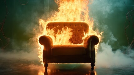 A vintage upholstered couch engulfed in flames, creating a striking contrast against a mysterious backdrop of smoke, provoking thoughts on destruction and renewal.