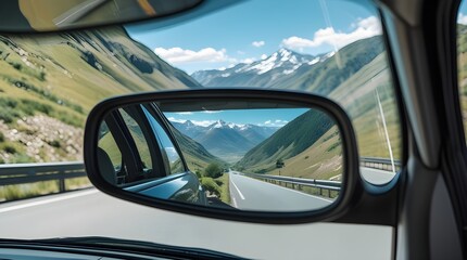 Fototapeta premium A scenic nature view reflected in a car side mirror, capturing the beauty of the road behind during a peaceful journey.