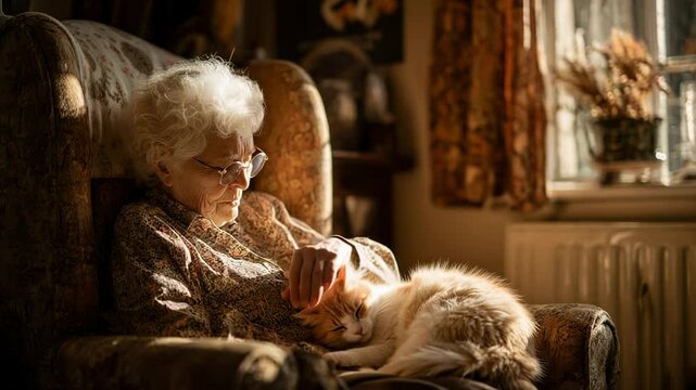 An elderly woman relaxes in her comfortable armchair, deeply engaged with her soft, purring cat.