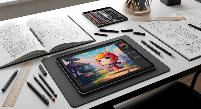 Digital Art Creation: Procreate Illustration on iPad Pro with Drawing Tablet and Accessories