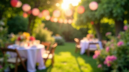 Outdoor Garden Party Dinner Setting with String Lights. Blurred background