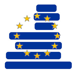 shape of the map of the European Union and stars as symbol of the European Union in yellow and blue with outline design for better visibility, isolated
