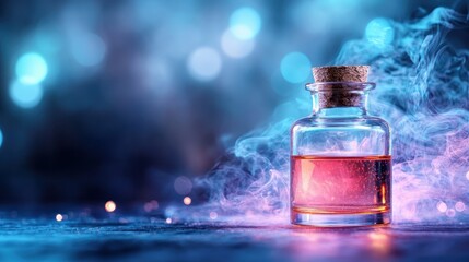 An enchanting glass bottle filled with a vibrant liquid surrounded by a mist of colorful smoke, evoking a sense of mystery and intrigue in a magical and artistic atmosphere.