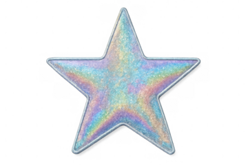 Holographic five-pointed star gleaming with iridescent rainbow colors, reflecting light against transparent backdrop, ideal for design work
