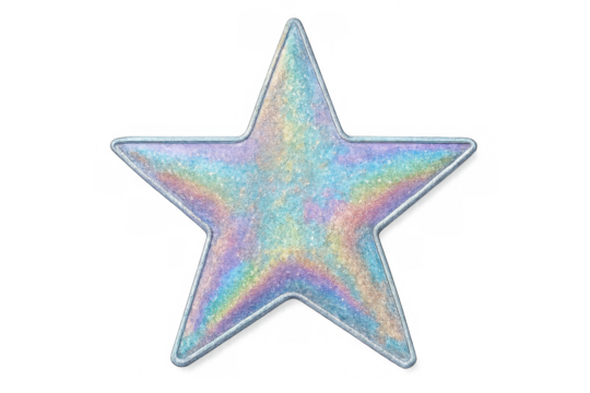 Holographic five-pointed star gleaming with iridescent rainbow colors, reflecting light against transparent backdrop, ideal for design work - Powered by Adobe