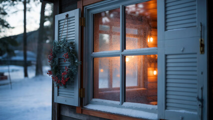 Cabin Window with Glowing Interior and Snowy Wreath Background Xmas High Resolution Wallpaper Illustration, Merry Christmas Background Hd Stock Photo