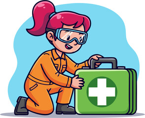 Cartoon Character in Protective Gear Holding a First Aid Kit