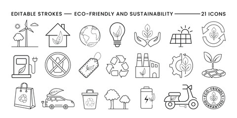 Collection of eco friendly and sustainability vectro icons with editable strokes isolated on transparent background