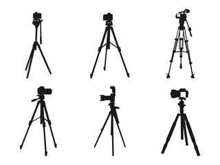 Camera tripod icon. Professional Photography Tripods with Camera Silhouettes. A silhouette of a camera on a tripod on a white background.