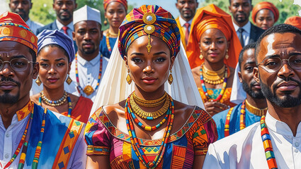 Obraz premium Group portrait of diverse african people wearing traditional clothing and cultural jewelry in a celebration.