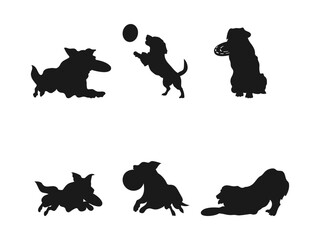 Frisbee dog silhouette, Frisbee dog catching silhouette. Vector black silhouette of a jumping Dog and a Frisbee. Playful Dog Silhouettes Engaging in Fun Activities.