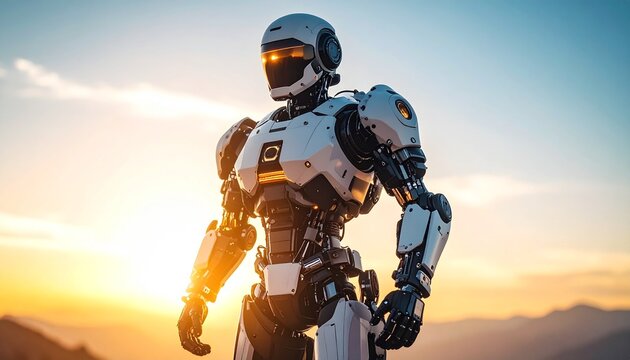 Human wearing futuristic exoskeleton suit designed to enhance strength and mobility
