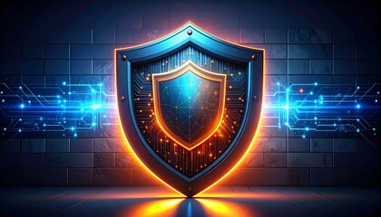 Digital illustration of AI firewall protecting network represented as glowing shield