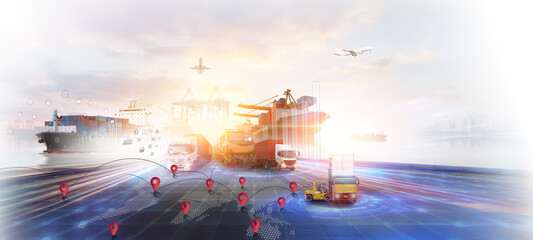 World map with logistic network distribution on background. Logistic and transport concept in front Container Cargo freight ship for Concept of fast or instant shipping, Online goods orders worldwide