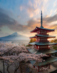 Fujiyoshida, Japan Beautiful view of mountain Fuji and Chureito pagoda at sunset, japan in the spring with cherry blossoms