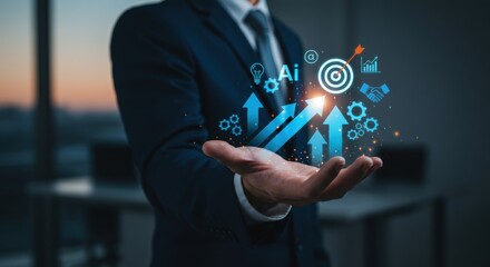 Business Professional Holding Digital Growth Icons.