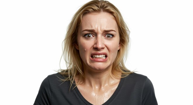 Woman expressing extreme fear and anxiety with sweat, set against a stark white backdrop