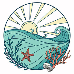 vector illustration of a ocean themed circular graphic with rising sun