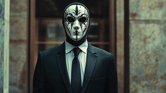 Mysterious figure in a mask and suit standing in a dimly lit urban setting at night, The person in a mask, dress, and church suit