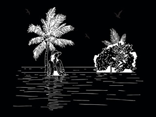 tropical landscape with girl on black background with chalk