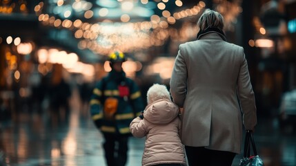 Fototapeta premium A heartwarming scene of a parent and child walking together in a bustling shopping area filled with vibrant lights, creating a cozy holiday atmosphere of togetherness.