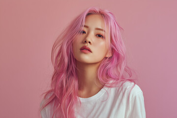 ピンクの髪色のアジア人女性、韓国人、日本人、ヘアカラー