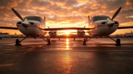 Fototapeta premium A picturesque view of parked small airplanes on an airstrip as the sun sets, capturing the serenity and beauty of aviation in twilight and the end of a perfect day.