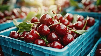 A vibrant display of freshly picked cherries in blue baskets, showcasing the natural beauty and rich color of the fruits, inviting viewers to enjoy their sweetness.