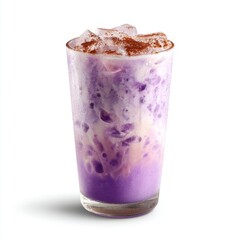 Purple beverage with creamy texture and ice cubes, topped with a sprinkle of cinnamon in a clear glass, perfect for summer refreshment and unique treats