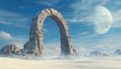 Ancient stone archway, snowy landscape,  distant moon