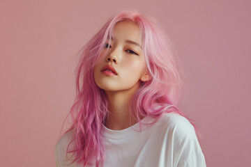ピンクの髪色のアジア人女性、韓国人、日本人、ヘアカラー